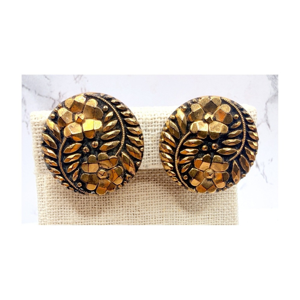 Gold Tone Floral Mosaic Round Clip On Earrings Textured‎ 1"